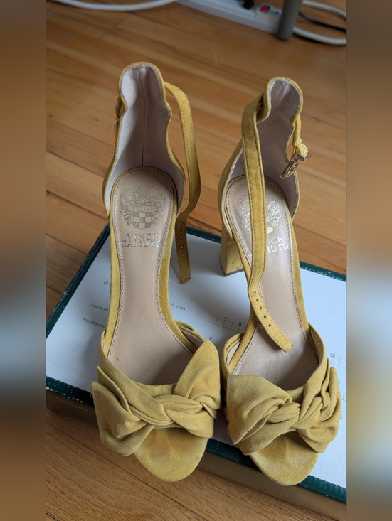 Vince Camuto Mustard Suede Knotted Open-Toe Ankle Strap Heels - Picture 2 of 5